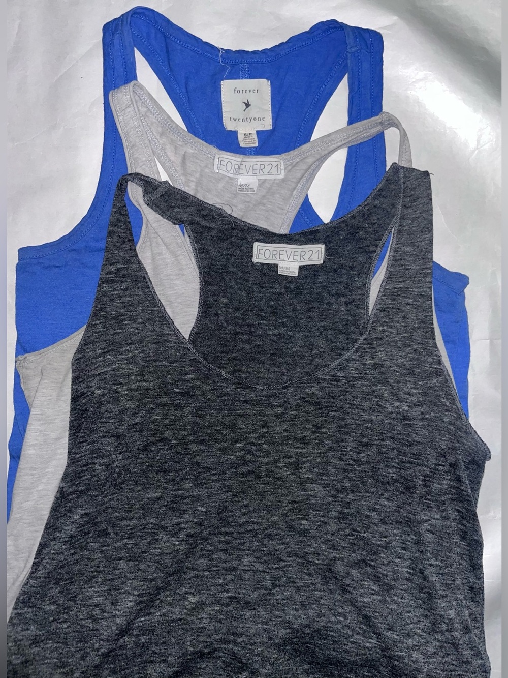 Forever 21 3 Pack, Racerback Tank Tops Blue, Light Gray, Charcoal Small Med